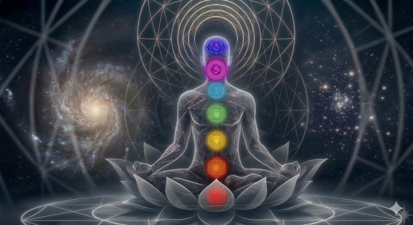 Human body with 7 chakra energy centers