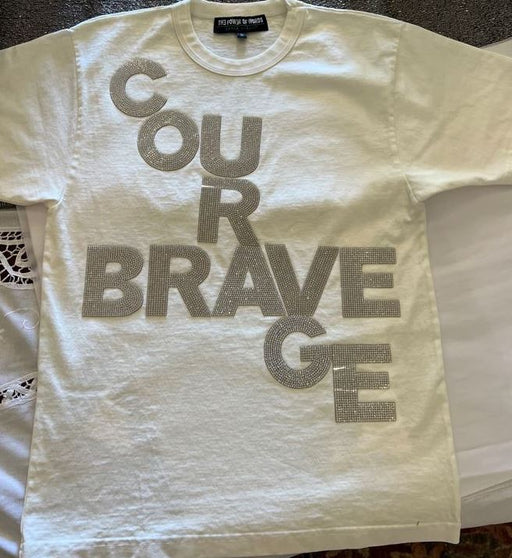 Courage Brave T-Shirt, Crewneck, Unisex, in White with Rhinestones
