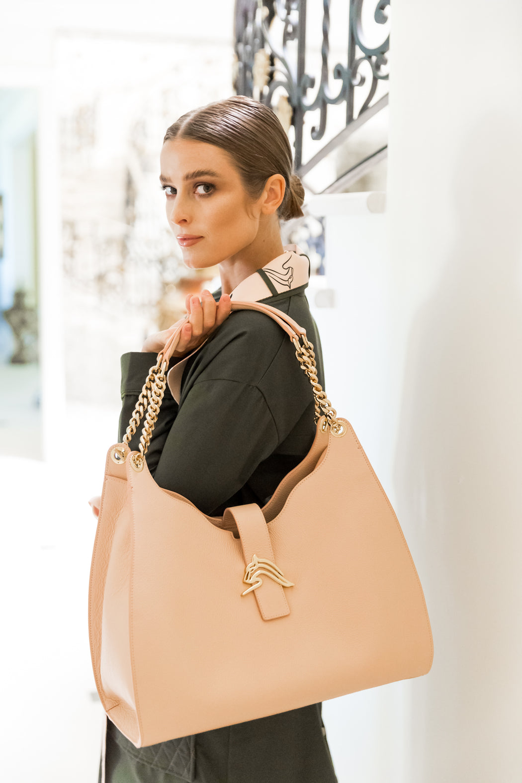 Empire Cheetah Hobo Bag: Designer Shoulder Bag in Nude-Pink Leather