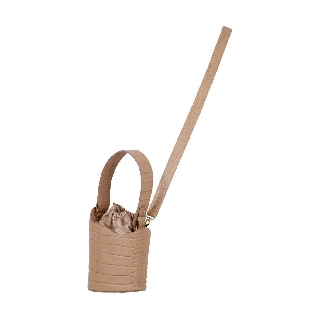 Dune Mini Bucket Embossed Leather: Designer Handbag in Camel