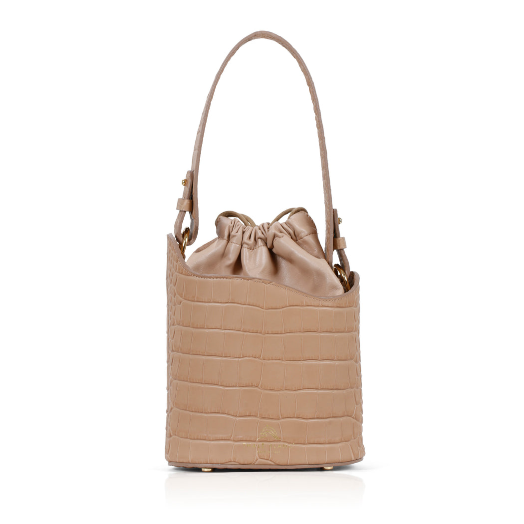 Dune Mini Bucket Embossed Leather: Designer Handbag in Camel