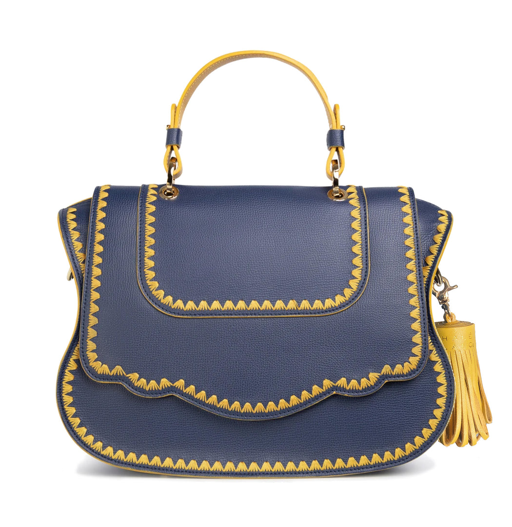 Audrey Satchel: Blue Designer Handbag with Yellow Stitching