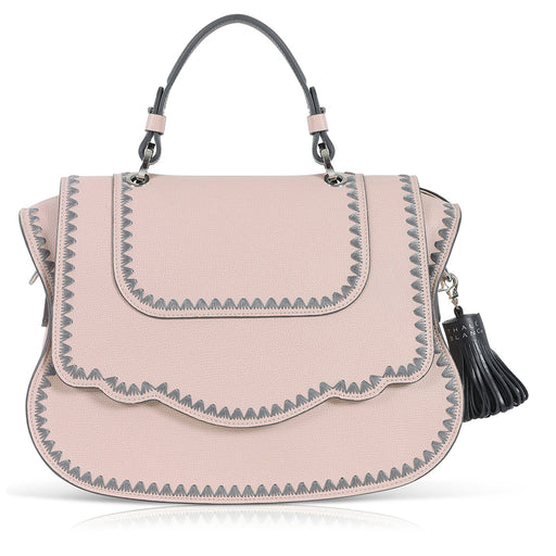 Audrey Satchel: Pink Designer Handbag with Grey Stitching