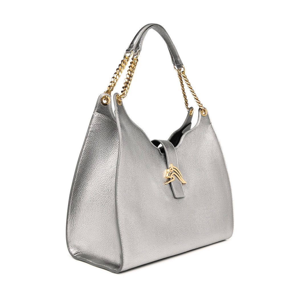 Empire Cheetah Hobo: Designer Shoulder Bag In Silver Leather