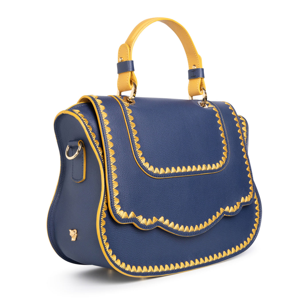 Audrey Satchel: Blue Designer Handbag with Yellow Stitching