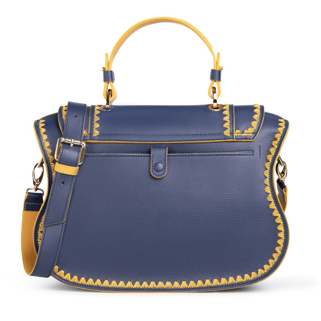 Audrey Satchel: Blue Designer Handbag with Yellow Stitching