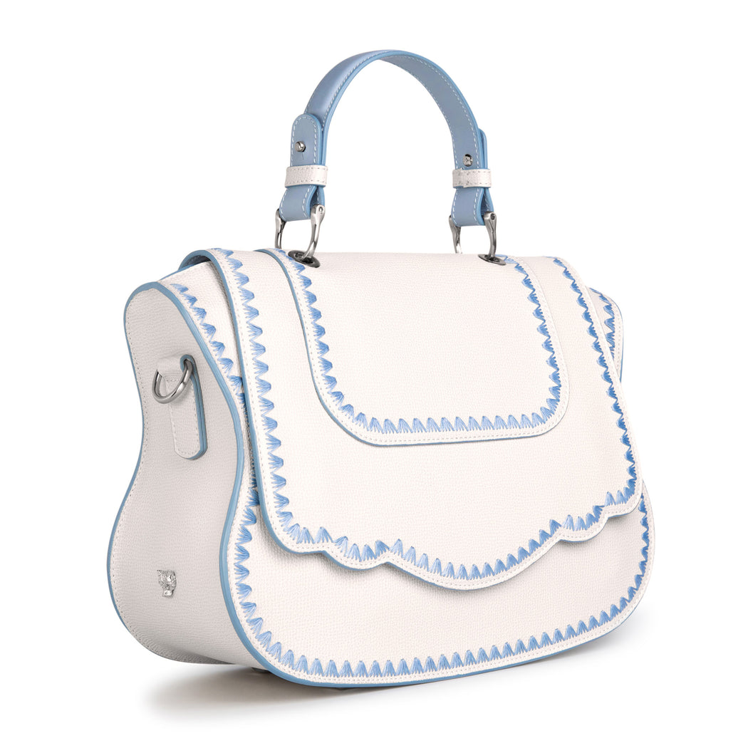 Audrey Satchel: White Designer Handbag with Blue Stitching