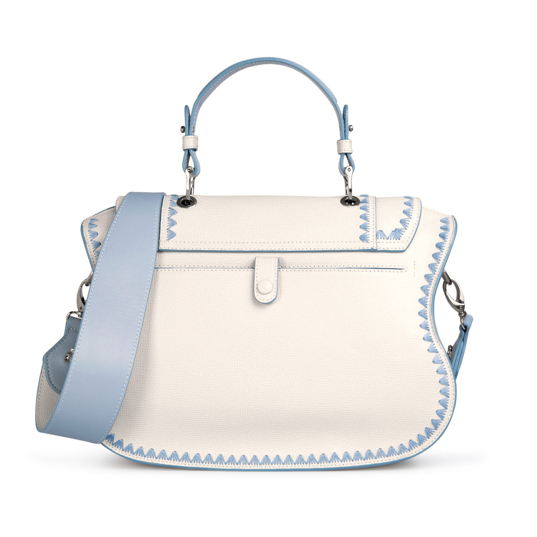 Audrey Satchel: White Designer Handbag with Blue Stitching