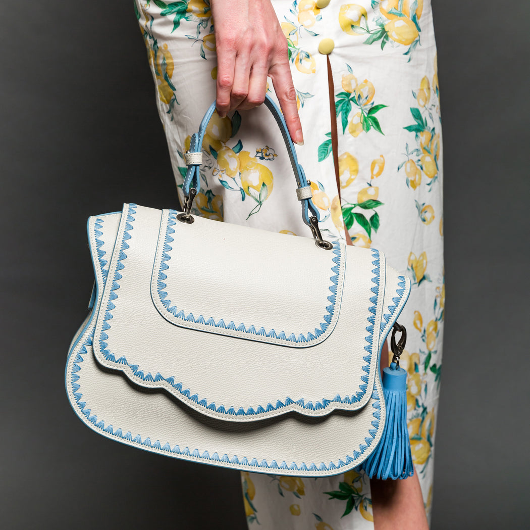 Audrey Satchel: White Designer Handbag with Blue Stitching