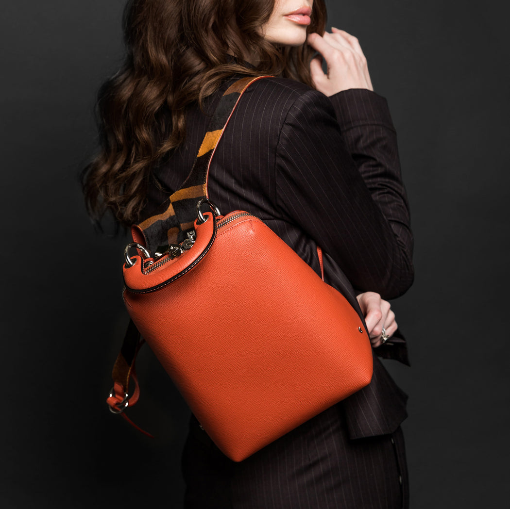 Racer Haircalf Mini: Women's Designer Backpack in Orange Leather