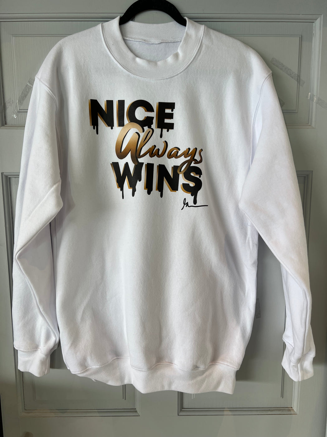 Unisex Nice Always Wins Crewneck Sweatshirt in White