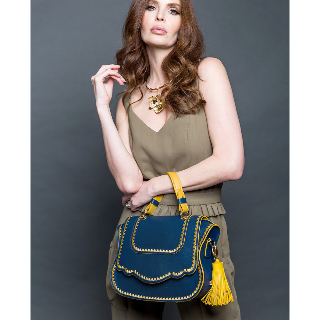 Audrey Satchel: Blue Designer Handbag with Yellow Stitching