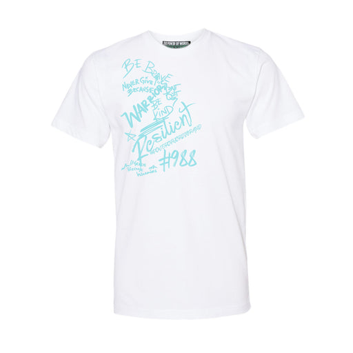 Warrior Adult Tee in White with Baby Blue