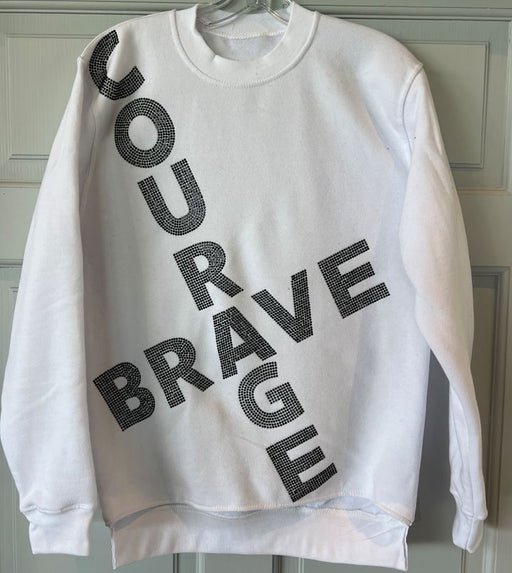 Courage Brave Crewneck sweatshirt in White with Jet Black stones