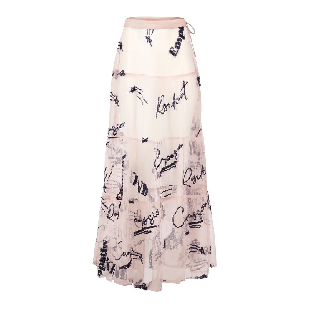 Power of Words Skirt in Beige with Black Sequins