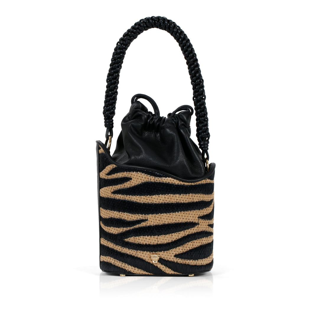 Dune Mini Bucket in Raffia with Woven Handle: Designer Handbag