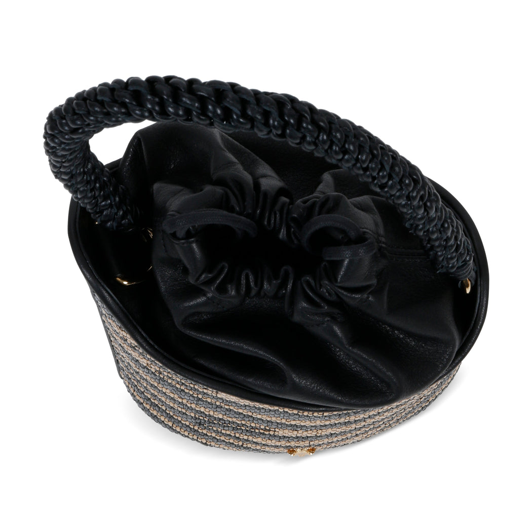 Dune Mini Bucket in Raffia with Woven Handle: Designer Handbag