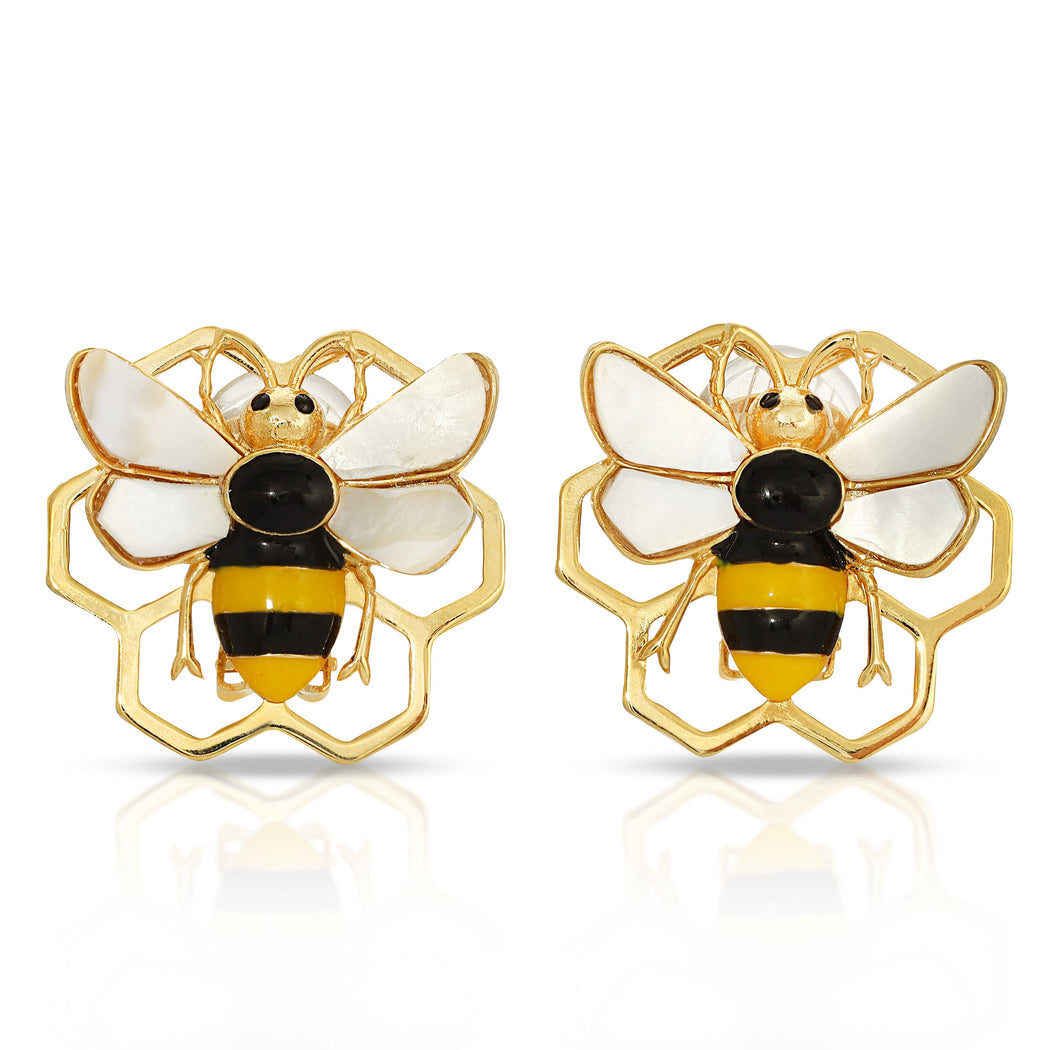 Honeycomb Bee Mother of Pearl Earrings