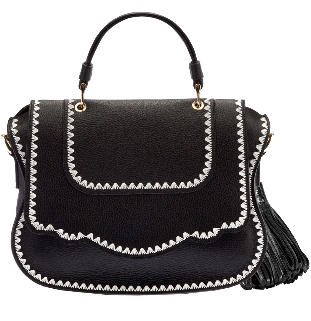 Audrey Satchel: Black Designer Handbag with White Stitching & Gold Hardware