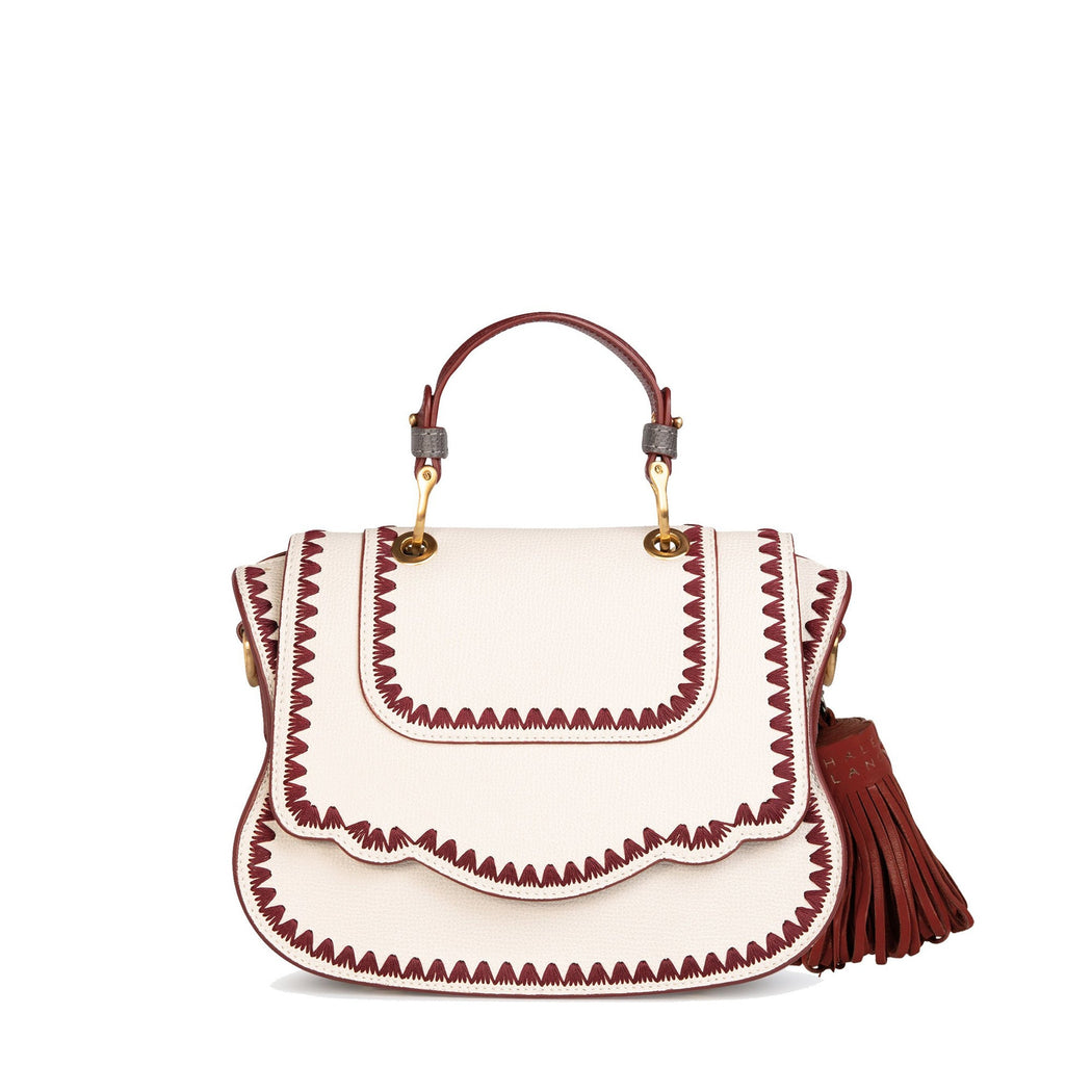 Audrey Crossbody: Designer Crossbody in White with Red trim