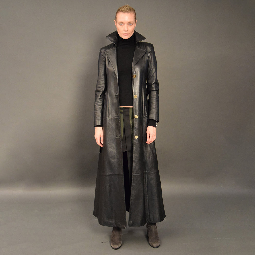 5th Ave long Leather coat in black