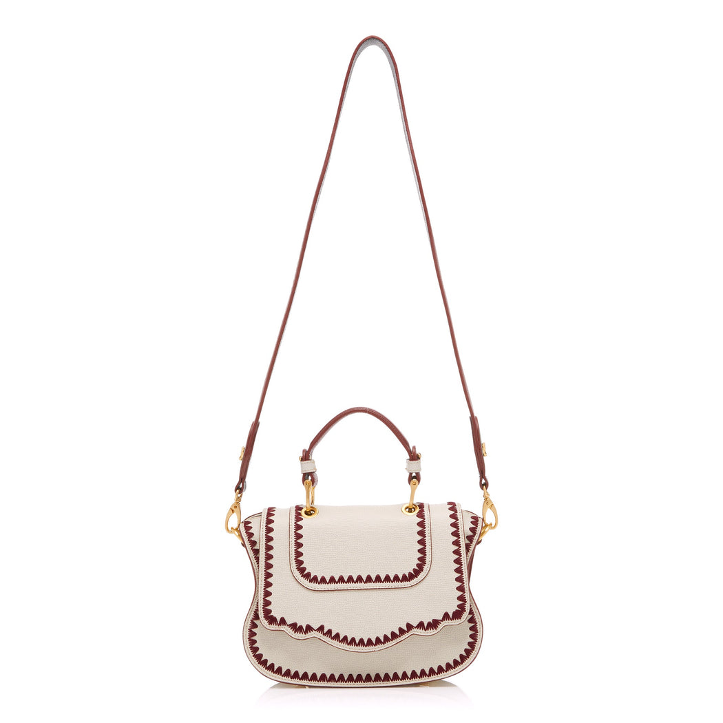 Audrey Crossbody: Designer Crossbody in White with Red trim