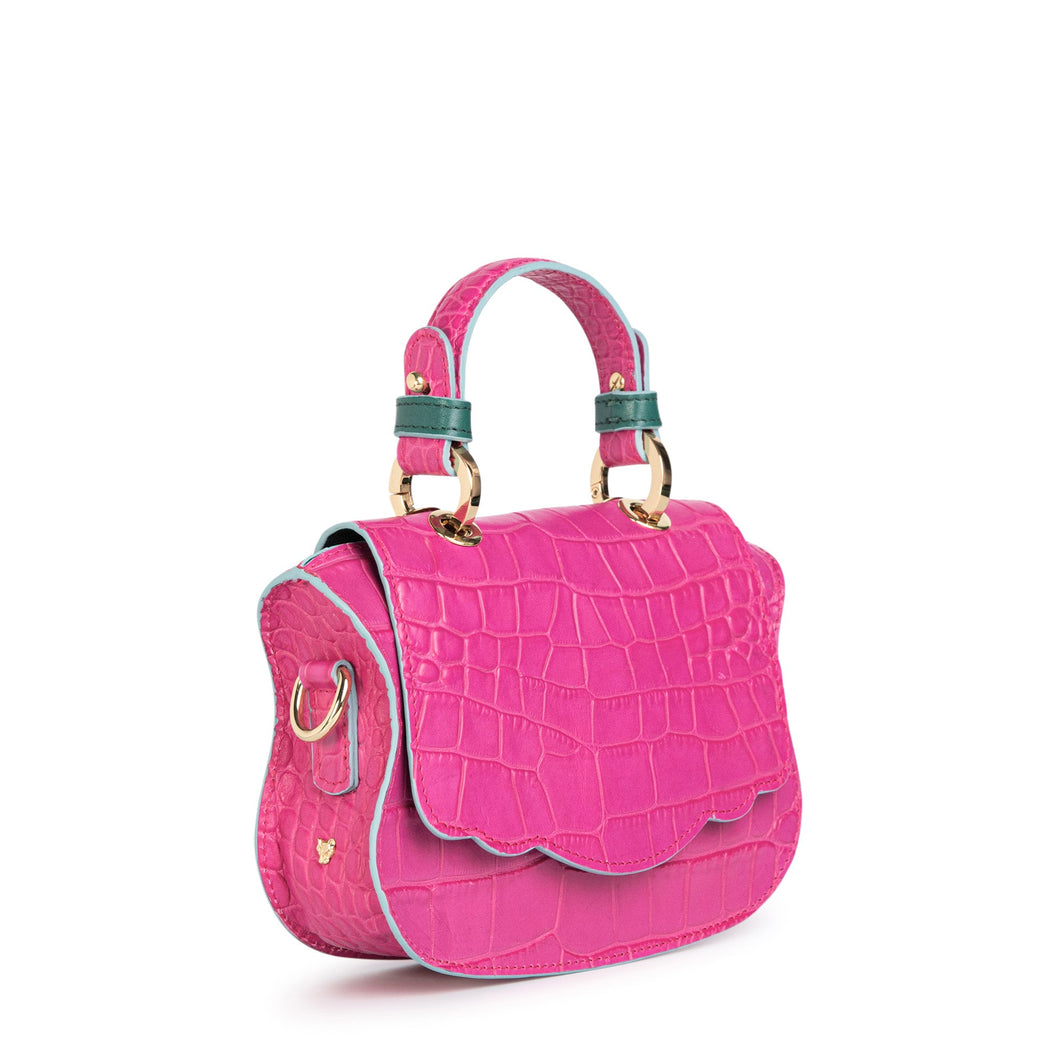 Designer crossbody bag, mini, with croc-embossed leather in pink