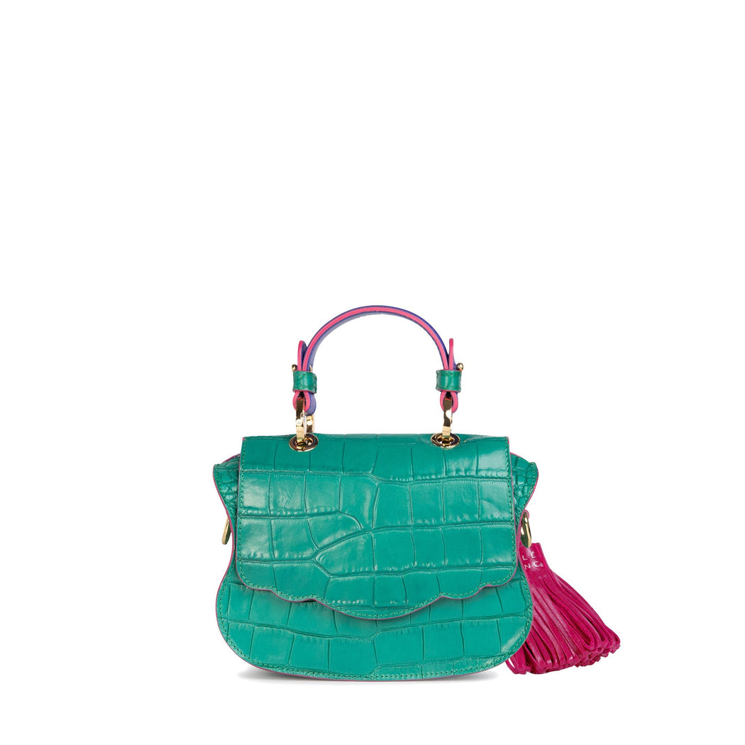 Audrey Micro: Green & Pink Embossed Leather Designer Crossbody Bag